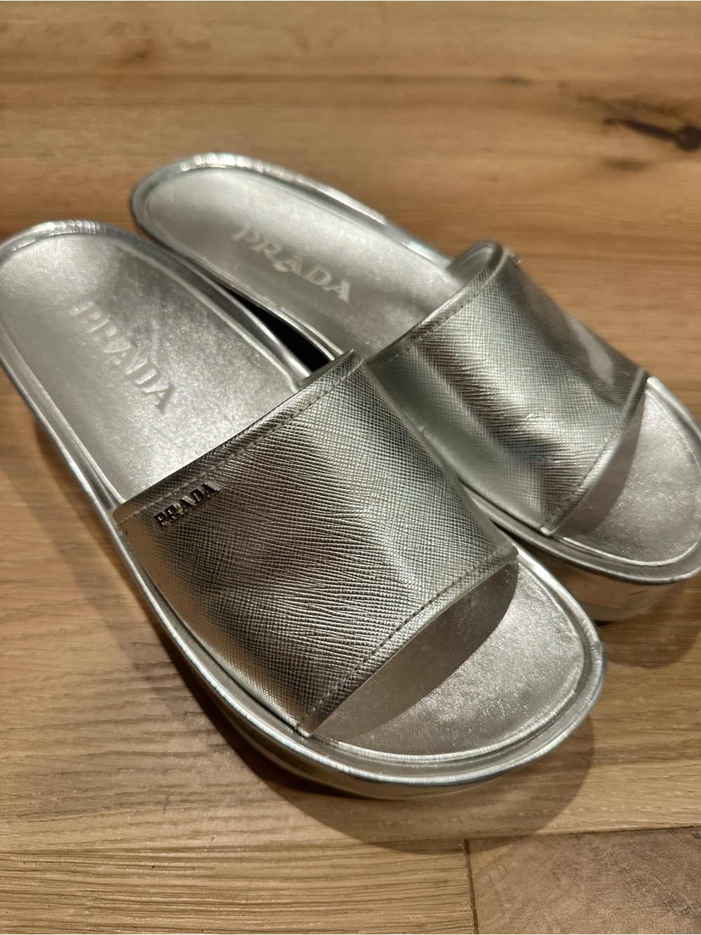 Prada Metallic Silver Saffiano Leather Slide Sandals